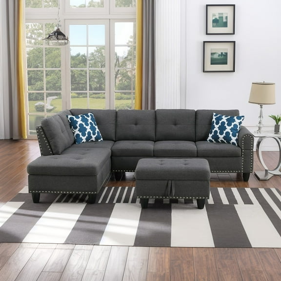 Hommoo L-Shaped Upholstered Sectional Sofa Couch with Storage & Cup Holders, Linen Living Room Sofa Set, With Ottoman, Dark Gray