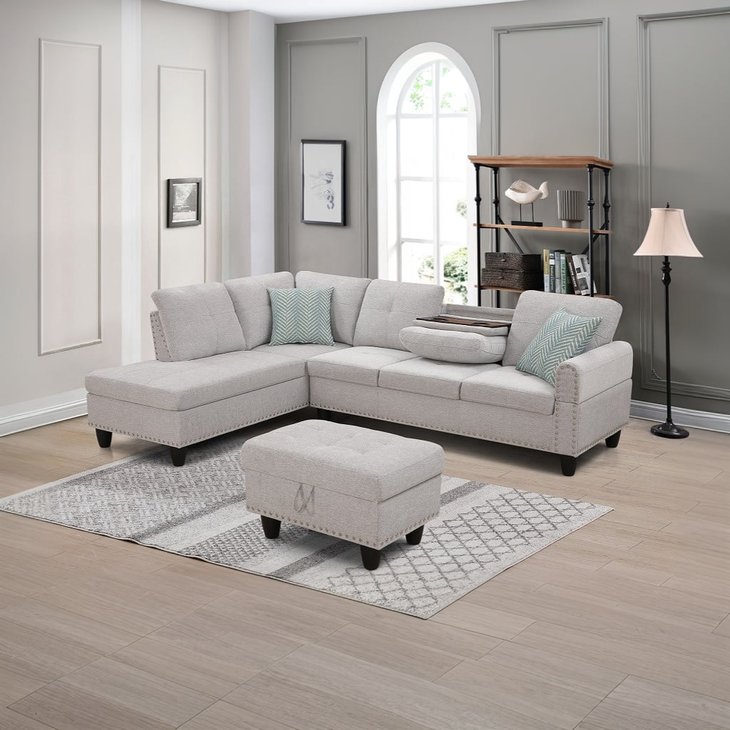 Hommoo L-Shaped Upholstered Sectional Sofa Couch with Storage & Cup Holders, Linen Living Room Sofa Set, With Ottoman, Light Gray