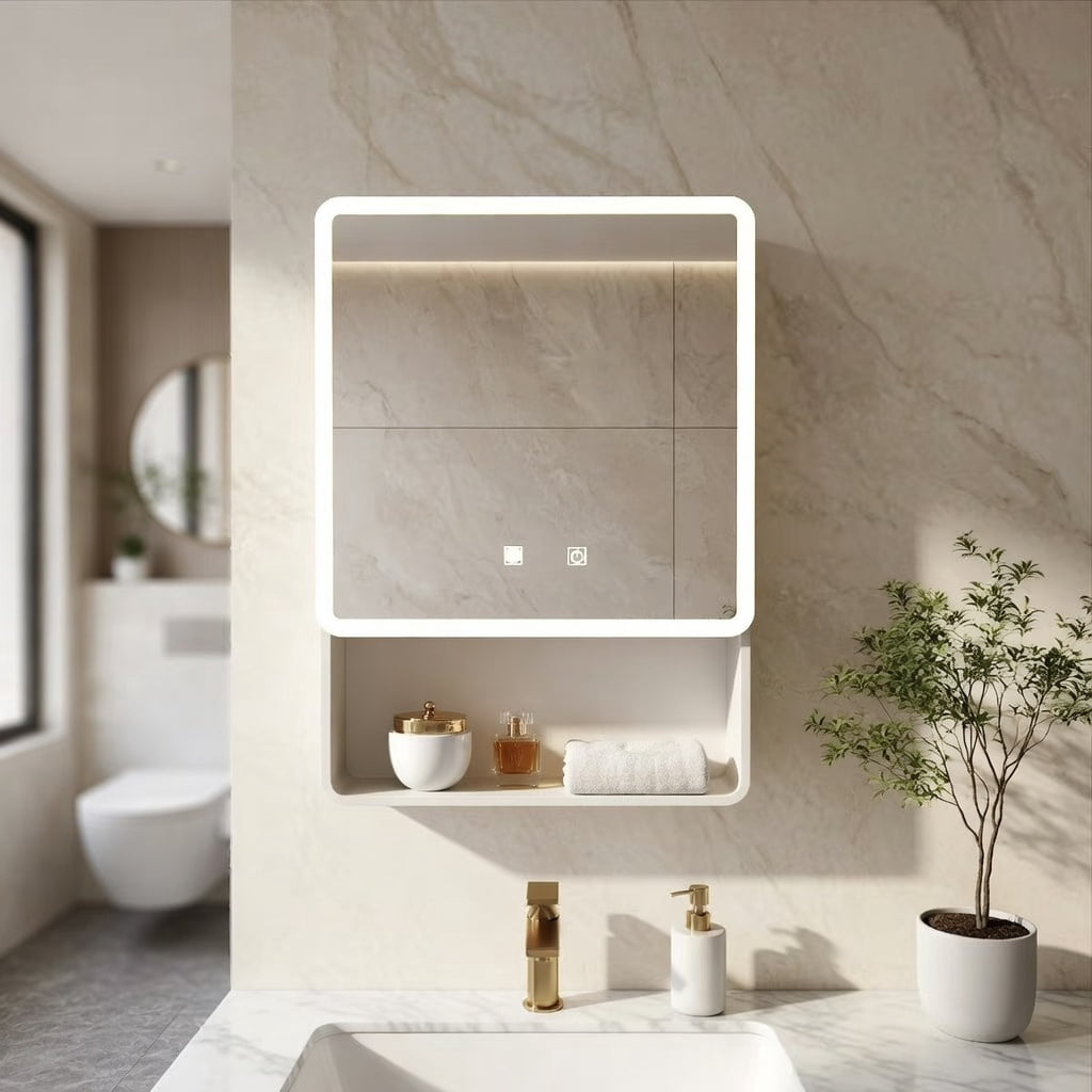 Hommoo LED Bathroom Medicine Cabinet with Anti-Fog Mirror & Warm White Lighting, Wall-Mounted Aluminum-Plastic Vanity Storage Cabinet, One Door, White