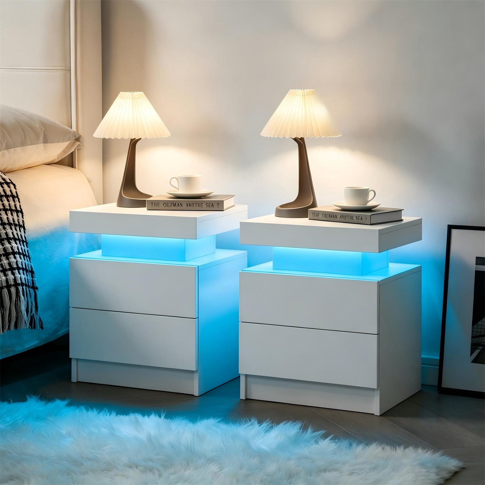 Hommoo LED Nightstands Set of 2, Bedside Table Cabinet with Lights, Modern End Side with 2 Drawers for Bedroom, White