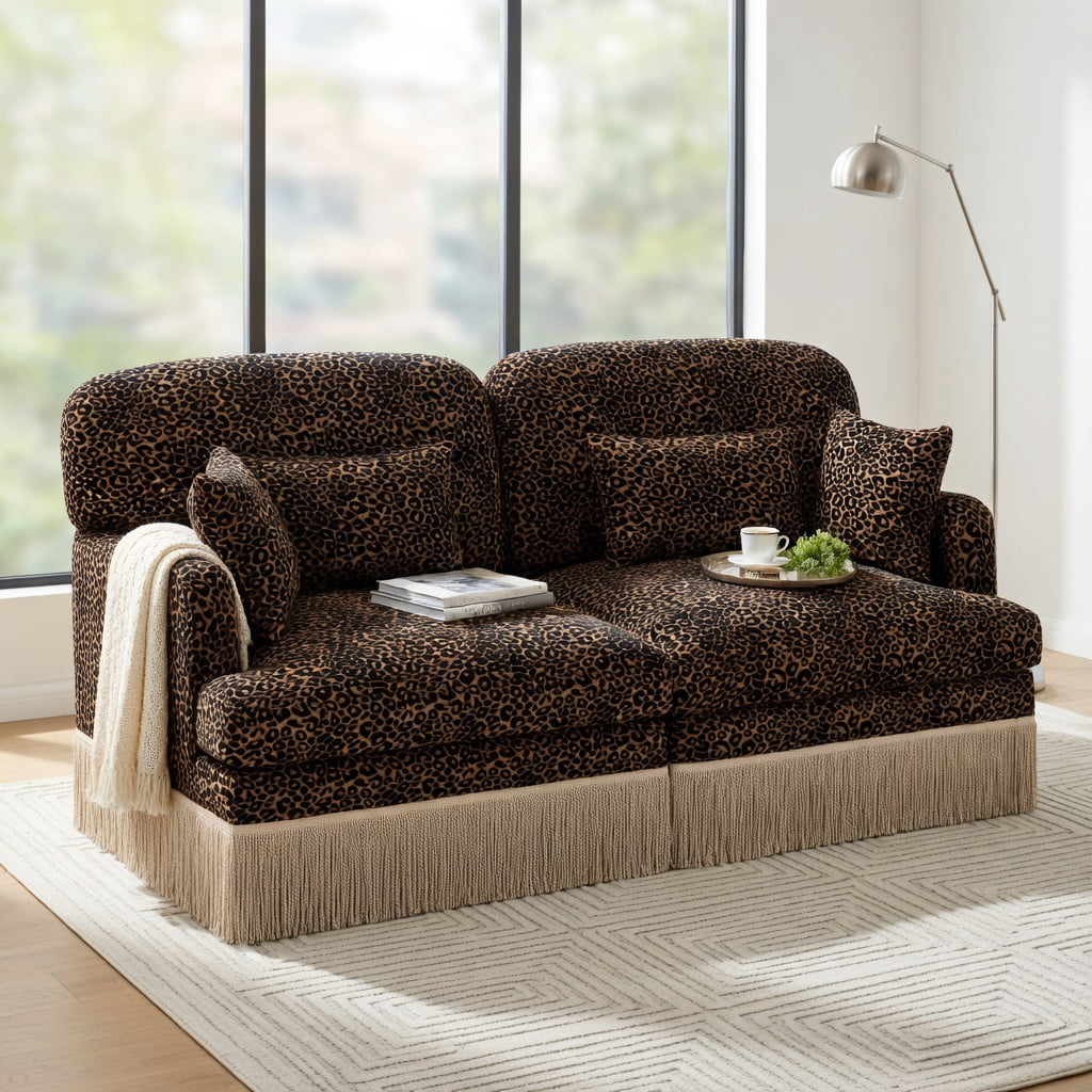 Hommoo Leopard Print Chenille Loveseat Sofa with Tassel Trim, 2-Seat Modular Sectional Couch, Ergonomic Deep Seat Design, Easy Assembly, Modern Living Room Sofa, Brown