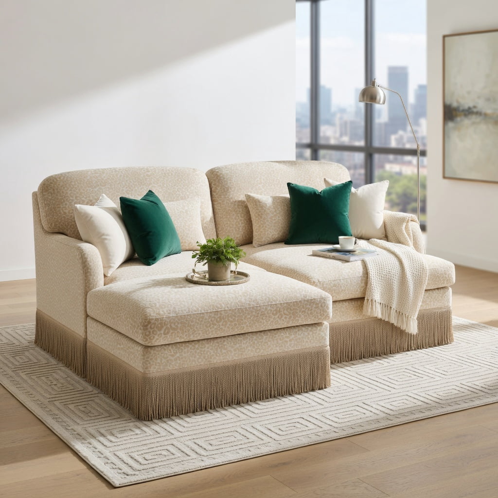 Hommoo Leopard Print Chenille Loveseat Sofa with Movable Ottoman & Tassel Trim, 2-Seat Modern Deep-Seat Couch for Living Room, Beige