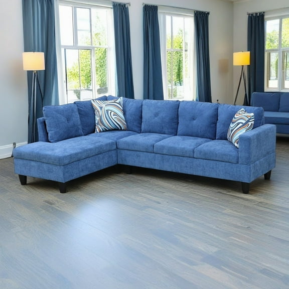 Hommoo Linen 4-Seat Sectional Sofa, L-Shaped Couch for Small Space Living Room, Apartment, Office, Blue(Without Ottoman)