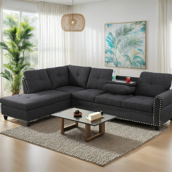 Hommoo Linen Living Room Furniture Set, Modern Nailhead Trim L-Shaped Sectional Couch and Sofa Set with Cup Holder, Left Side, Black Grey
