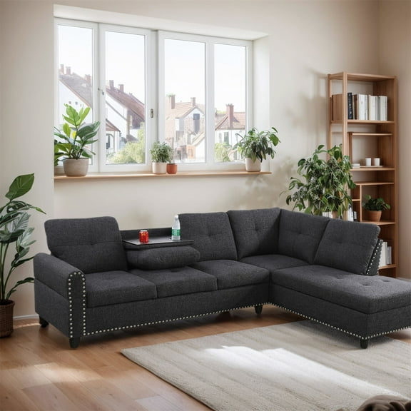 Hommoo Linen Living Room Furniture Set, Modern Nailhead Trim L-Shaped Sectional Couch and Sofa Set with Cup Holder, Right Side, Black Grey