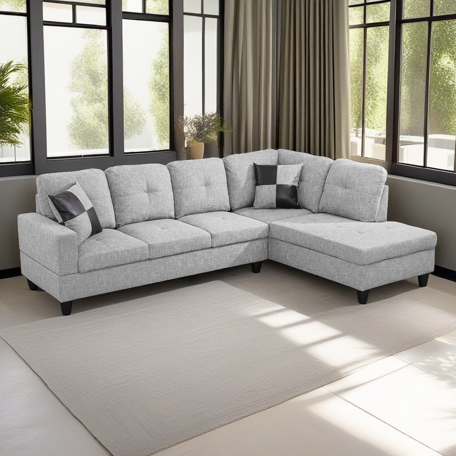 Hommoo Linen Sectional Sofa, 4 Seat Living Room Furniture Sets, Modern L-Shaped Couches and Sofas Set for Home, Light Grey(No Ottomans)