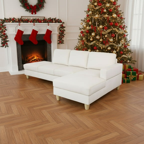 Hommoo Lint Living Room Furniture Set, 4-Seat L-Shaped Sectional Couch Sofa for Apartment/Upstairs Loft/Living Room, 16.5'' Back Height, White(No Ottomans)