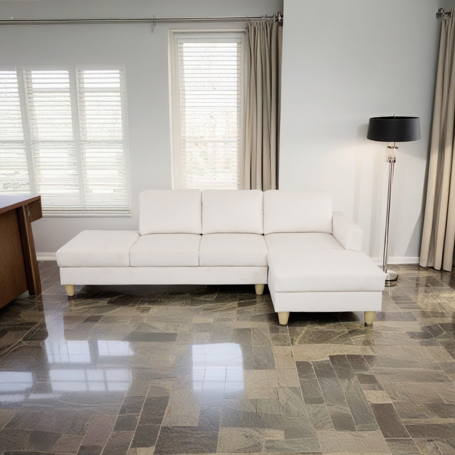 Hommoo Lint Living Room Furniture Set, 4-Seat L-Shaped Sectional Couch Sofa for Apartment/Upstairs Loft/Living Room, 16.5'' Back Height, White(No Ottomans)