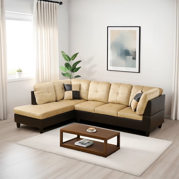 Hommoo Lint & PVC L-Shaped Sectional Couch and Sofa Set, Modern Living Room Furniture Set, Left Side, Beige and Brown