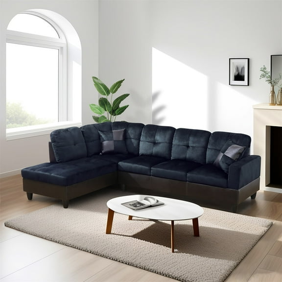 Hommoo Lint & PVC L-Shaped Sectional Couch and Sofa Set, Modern Living Room Furniture Set, Left Side, Dark Blue And Brown