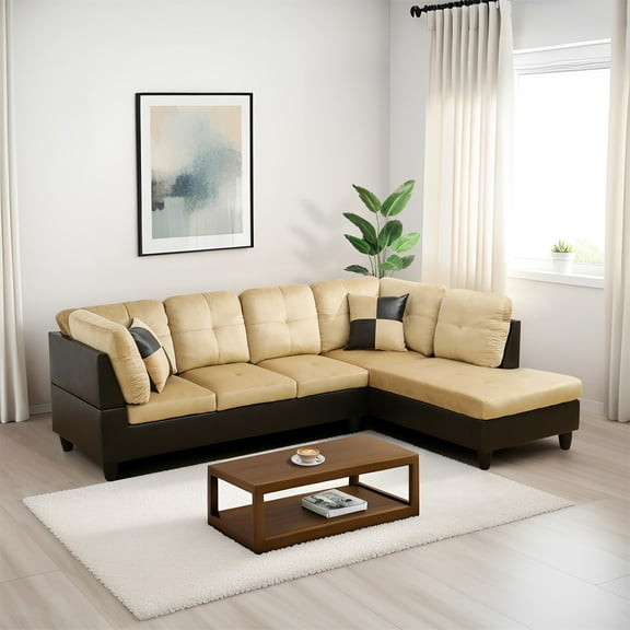 Hommoo Lint & PVC L-Shaped Sectional Couch and Sofa Set, Modern Living Room Furniture Set, Right Side, Beige and Brown