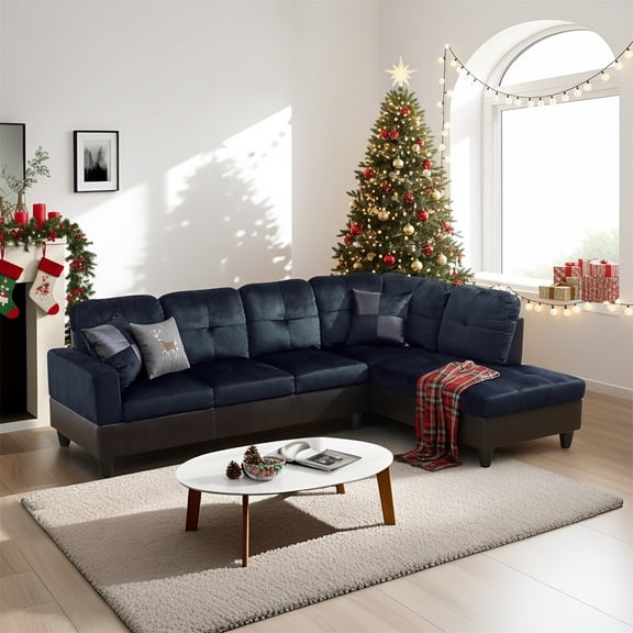 Hommoo Lint & PVC L-Shaped Sectional Couch and Sofa Set, Modern Living Room Furniture Set, Right Side, Dark Blue And Brown