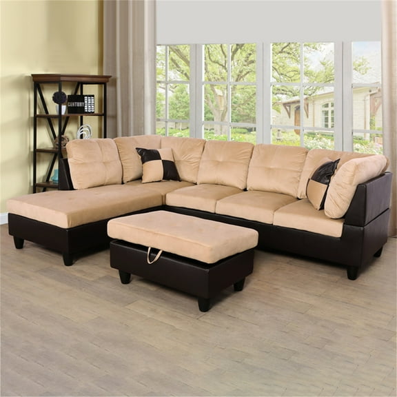 Hommoo Lint&PVC L Shaped Sectional Sofa, Sectional Couch Sofa, Modern Living Room Furniture Sets, Beige and Brown(No Ottoman)