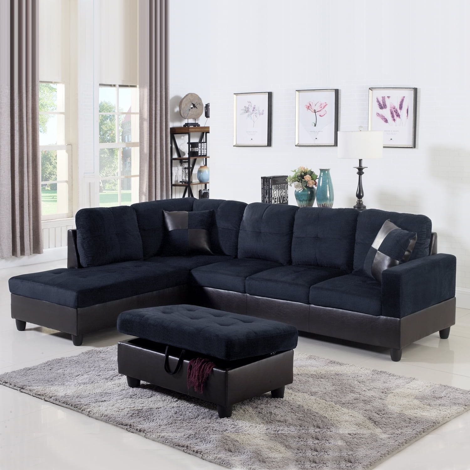 Hommoo Lint&PVC L Shaped Sectional Sofa, Sectional Couch Sofa, Modern Living Room Furniture Sets, Dark Blue And Brown(No Ottoman)