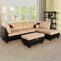 Hommoo Lint &PVC Sectional Sofa Couch Living Room Furniture Sets, Modern L Shaped Sectional Sofa Set, Beige and Brown(No Ottoman)