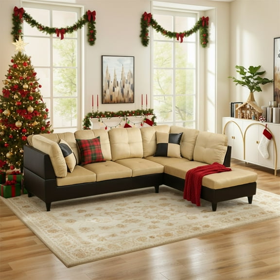 Hommoo Lint &PVC Sectional Sofa Couch Living Room Furniture Sets, Modern L Shaped Sectional Sofa Set, Beige and Brown(No Ottoman)