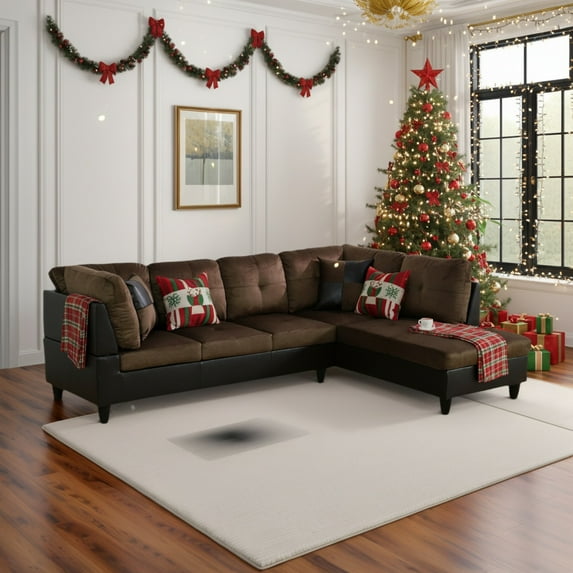 Hommoo Lint &PVC Sectional Sofa Couch Living Room Furniture Sets, Modern L Shaped Sectional Sofa Set, Brown(No Ottoman)