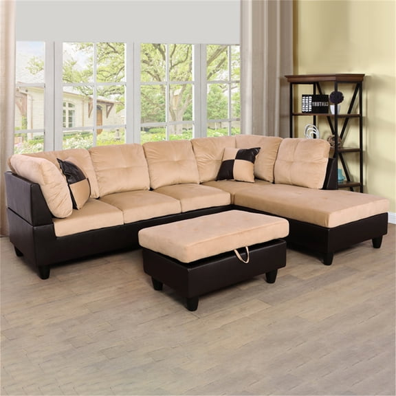 Hommoo Lint &PVC Sectional Sofa Couch Living Room Furniture Sets, Modern L Shaped Sectional Sofa Set for Small Space, Beige and Brown(No Ottoman)