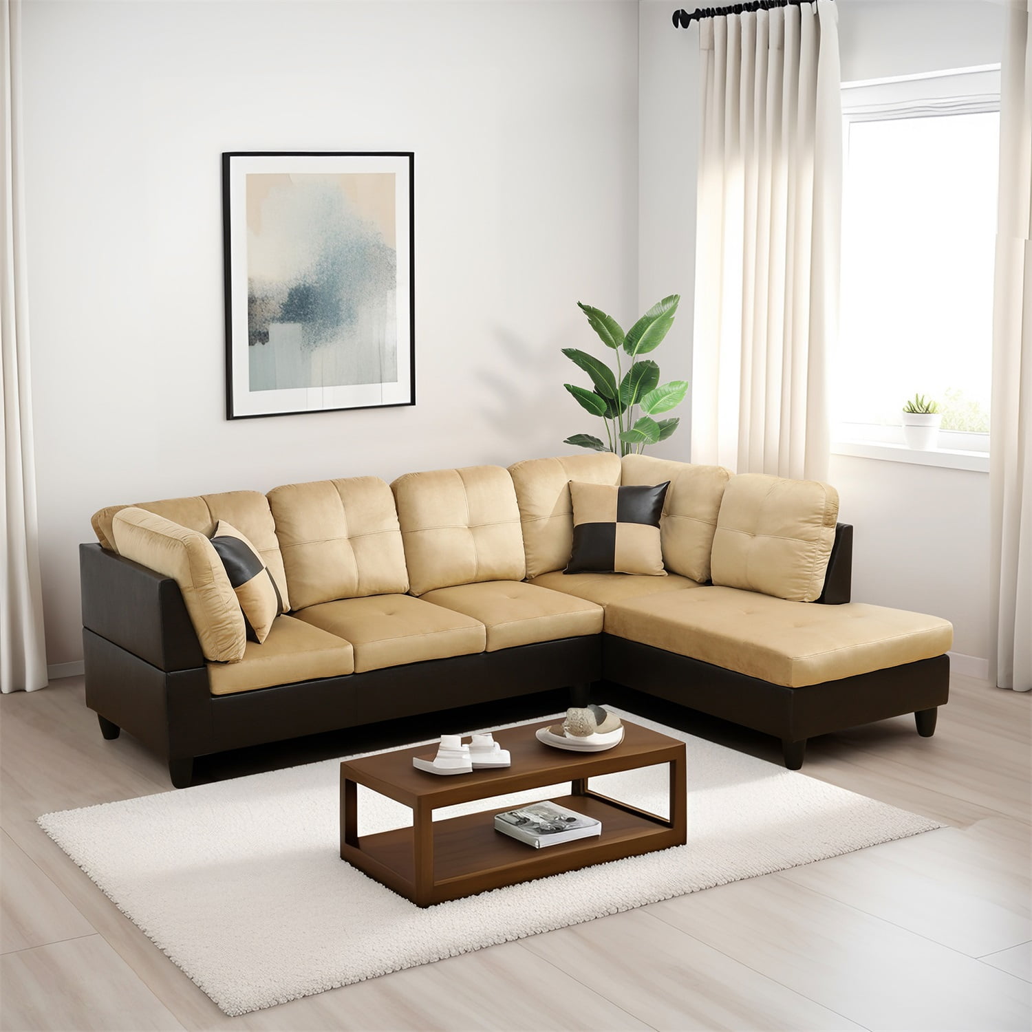 Hommoo Lint and PVC Living Room Furniture Sets, L Shaped Couches and Sofas, Modern Sectional Sofa for Home & Office, Beige and Brown(No Ottomans)
