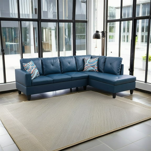 Hommoo Living Room Furniture Set, Faux Leather Modern Sectional Sofa, L Shaped 4-Seat Couch Sofa Set for Home, Apartment, Dorm, 16'' Back Height, Denim(No Ottomans)