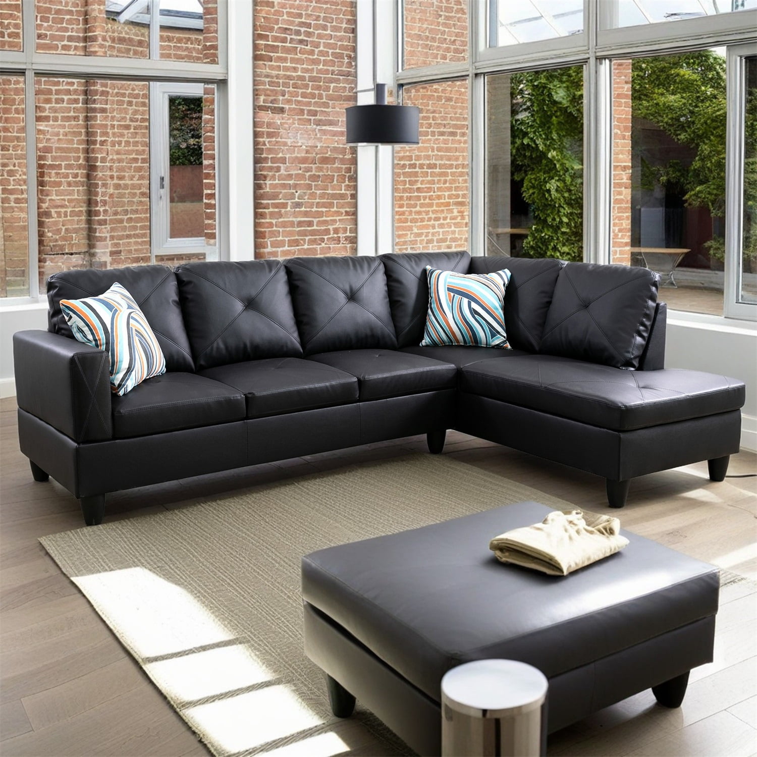 Hommoo Living Room Furniture Sets, Faux Leather Modern Sectional Sofa, L Shaped 4-Seat Couch Sofa for Home, Apartment, Dorm, Black(No Ottoman)