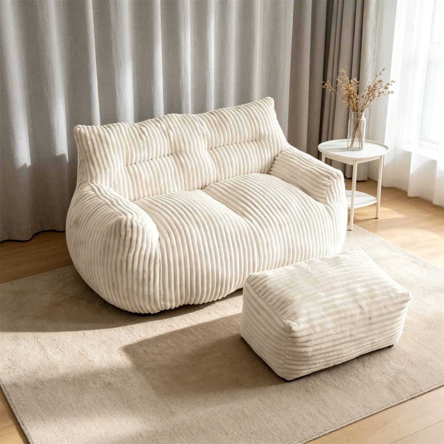Hommoo Lovseat sofa with Ottoman, Cloud-Love Oversized 2-Seater Fluffy Bean Bag Chair for Living Room & Bedroom, White
