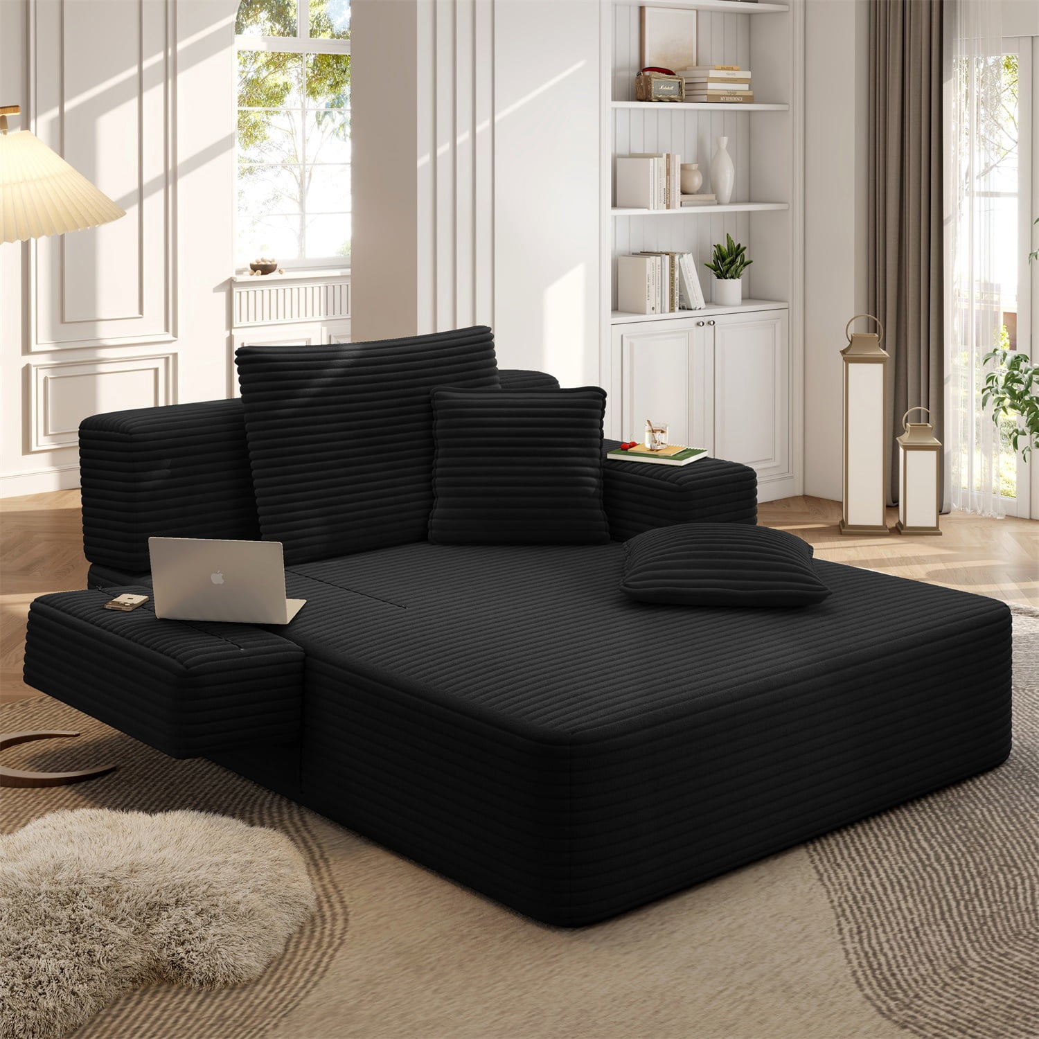 Hommoo Luxurious Plush Corduroy Chaise Lounge with 3 Pillows & Storage Pocket, Convertible Sofa Couch Bed Sleeper with Frameless Design & Compression Foam, Black