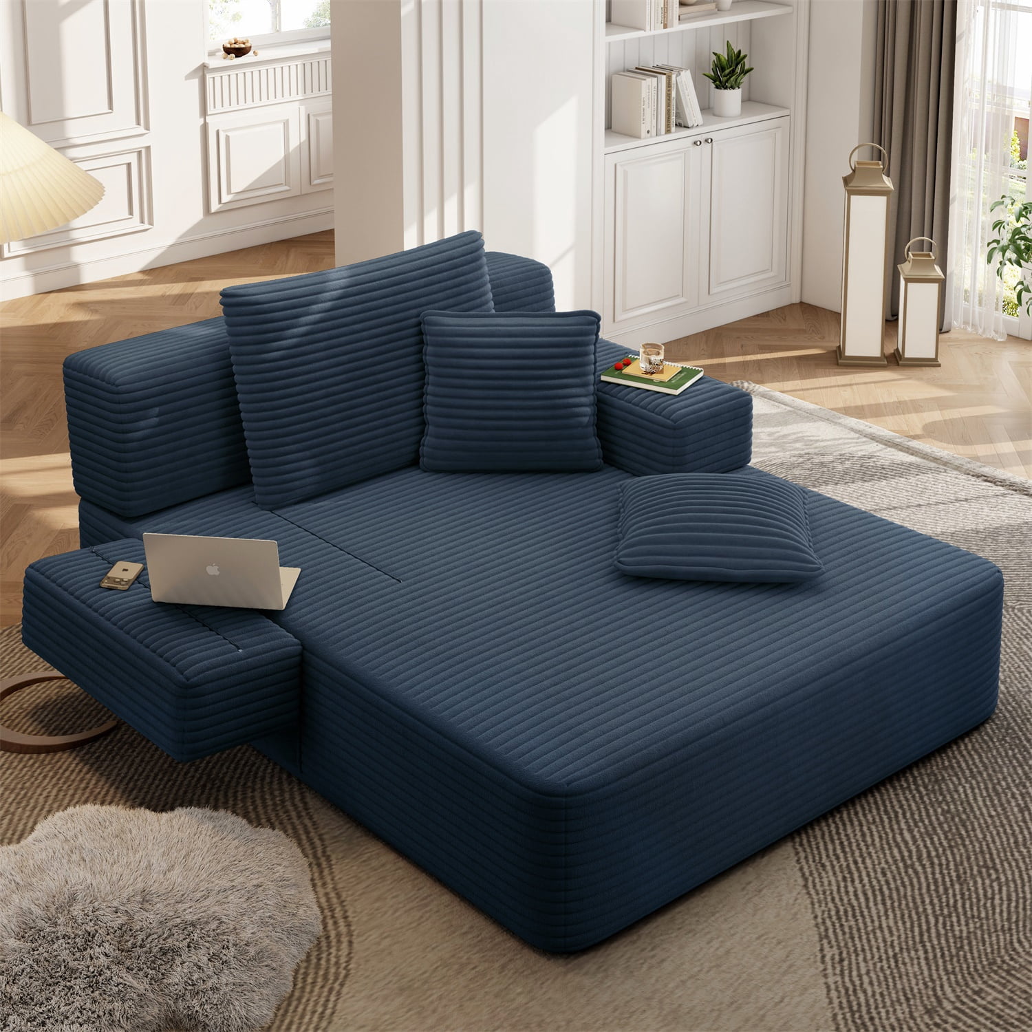 Hommoo Luxurious Plush Corduroy Chaise Lounge with 3 Pillows & Storage Pocket, Convertible Sofa Couch Bed Sleeper with Frameless Design & Compression Foam, Blue