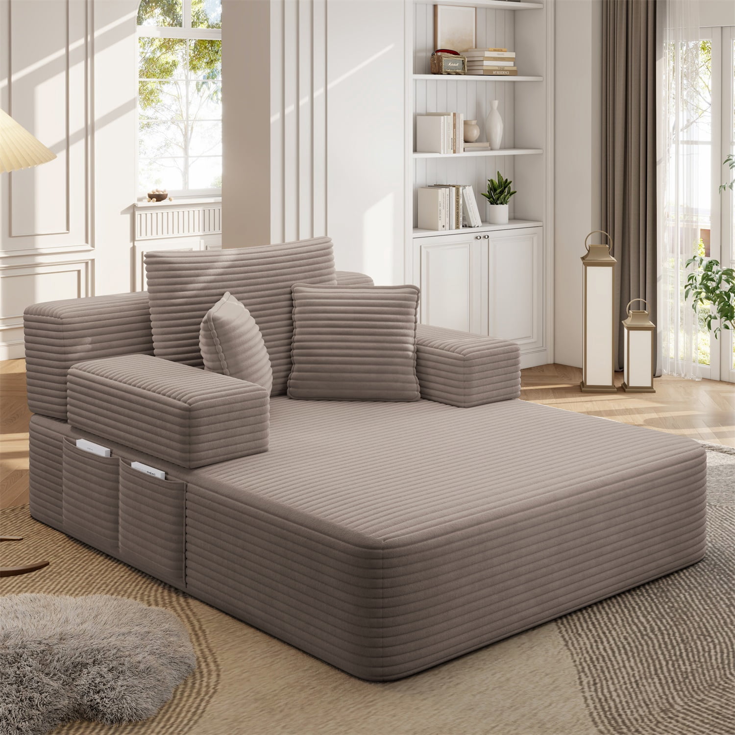 Hommoo Luxurious Plush Corduroy Chaise Lounge with 3 Pillows & Storage Pocket, Convertible Sofa Couch Bed Sleeper with Frameless Design & Compression Foam, Coffee