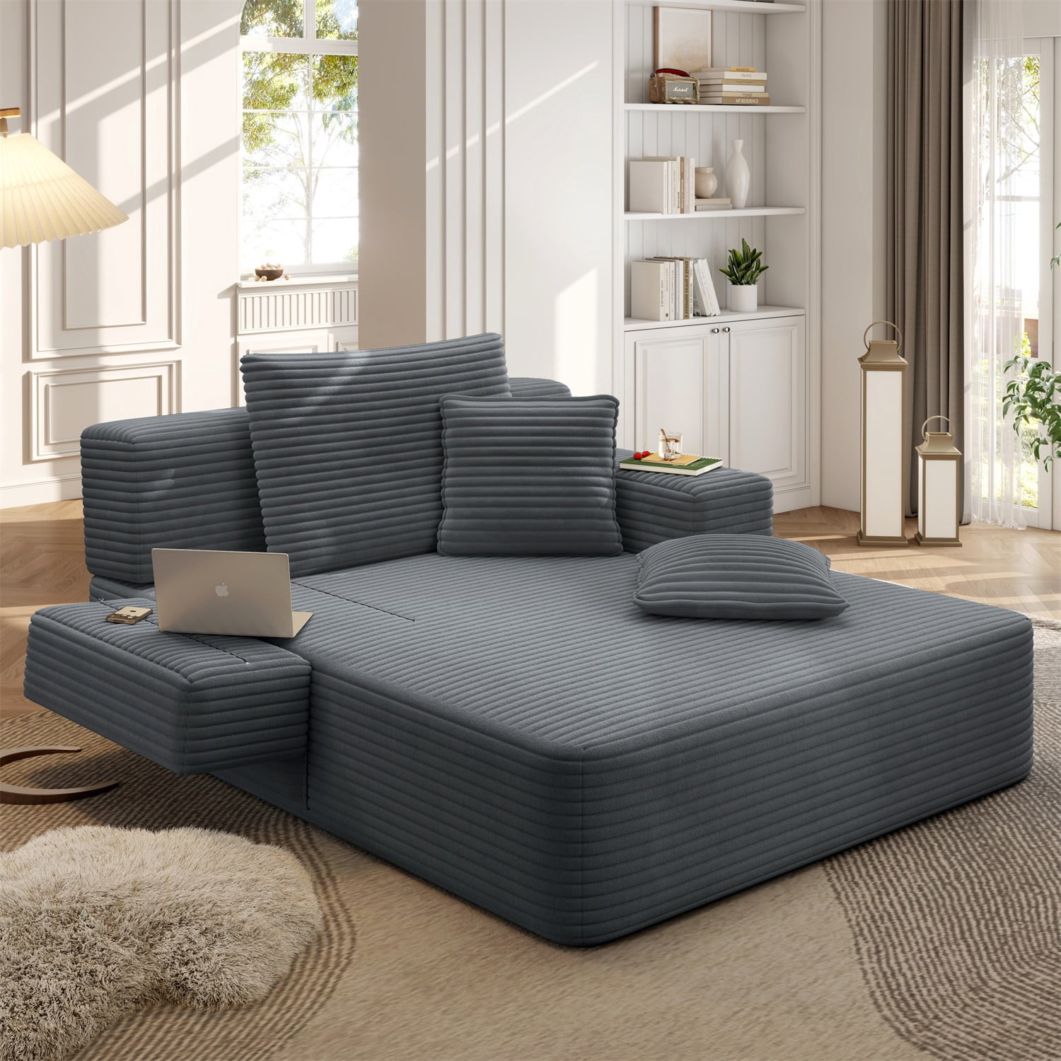 Hommoo Luxurious Plush Corduroy Chaise Lounge with 3 Pillows & Storage Pocket, Convertible Sofa Couch Bed Sleeper with Frameless Design & Compression Foam, Dark Gray