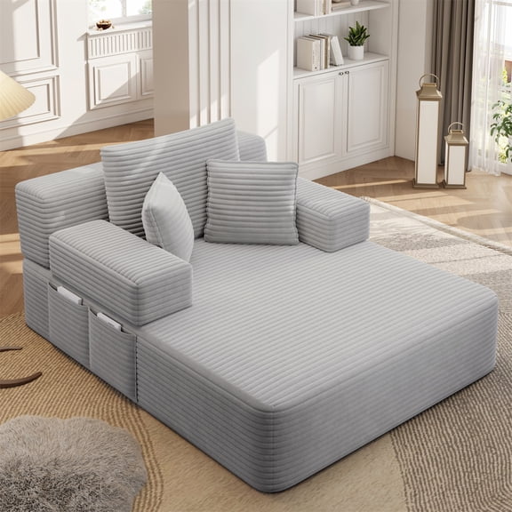 Hommoo Luxurious Plush Corduroy Chaise Lounge with 3 Pillows & Storage Pocket, Convertible Sofa Couch Bed Sleeper with Frameless Design & Compression Foam, Light Grey
