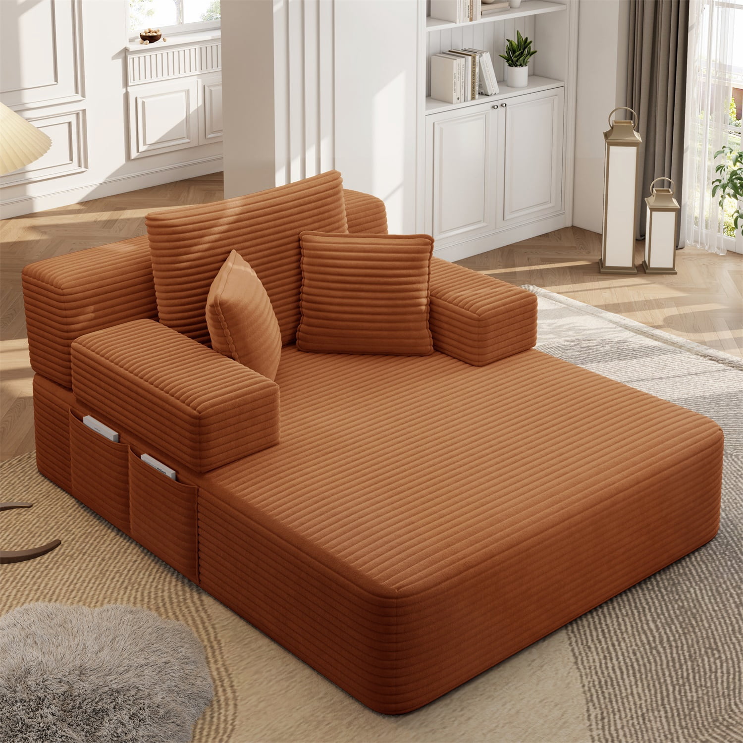 Hommoo Luxurious Plush Corduroy Chaise Lounge with 3 Pillows & Storage Pocket, Convertible Sofa Couch Bed Sleeper with Frameless Design & Compression Foam, Orange