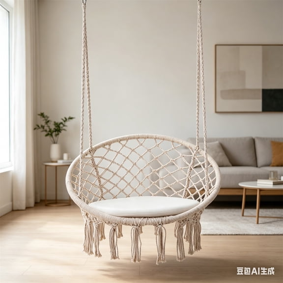 Hommoo Macrame Swing Chair Hammock Chair with Round Cushion Seat, Handmade Knitted Relax Hanging Cotton Rope Chair for Home, Beige