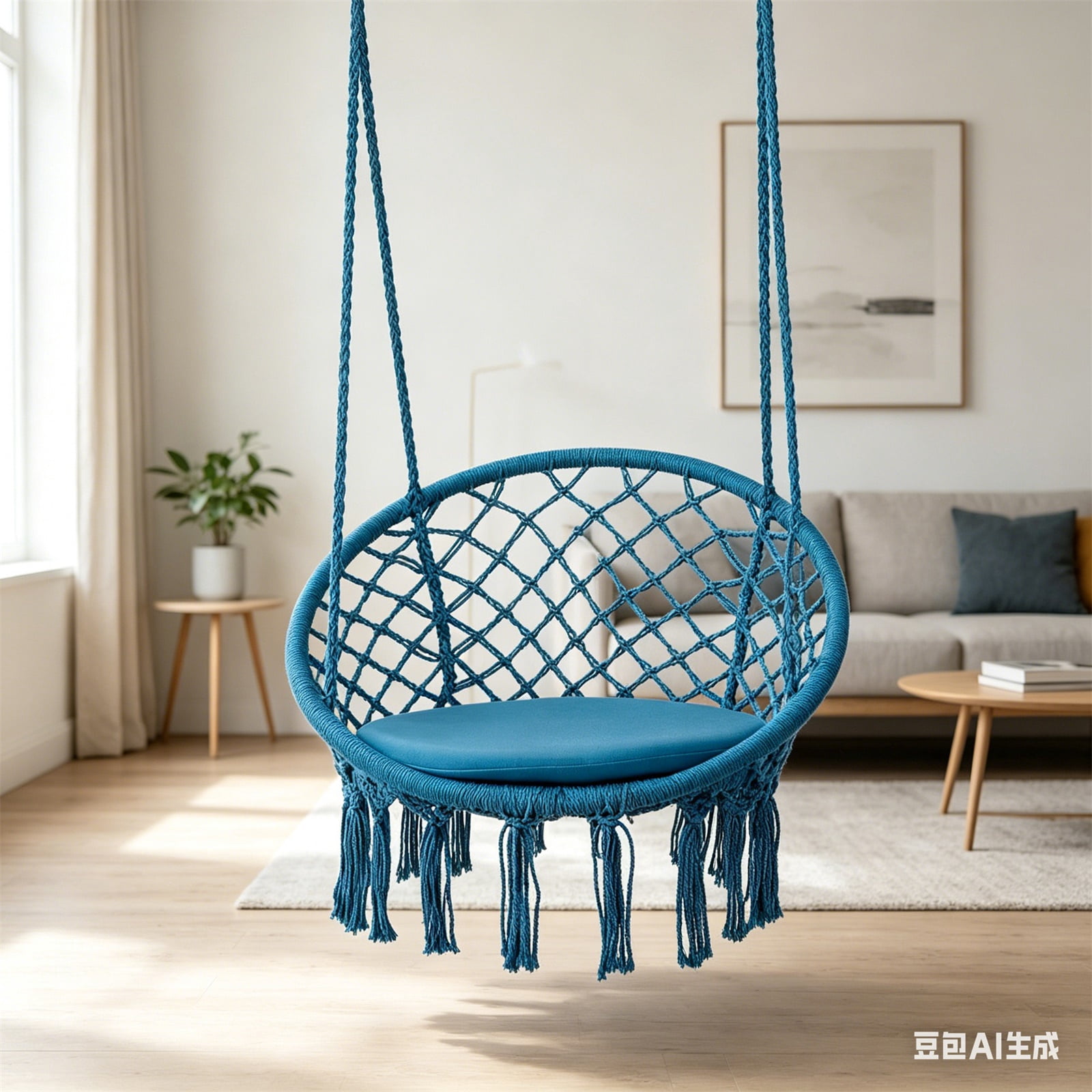 Hommoo Macrame Swing Chair Hammock Chair with Round Cushion Seat, Handmade Knitted Relax Hanging Cotton Rope Chair for Home, Blue