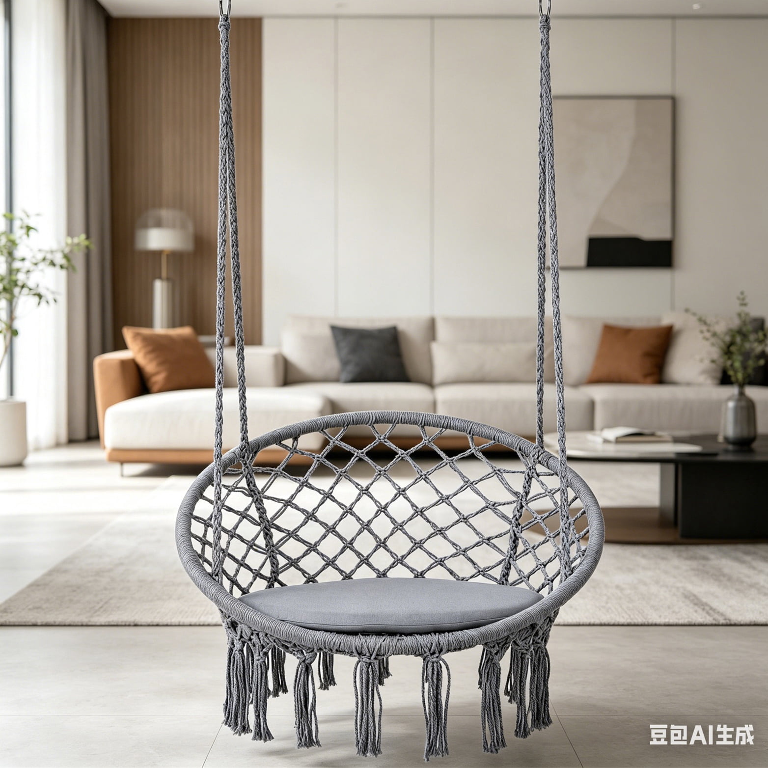 Hommoo Macrame Swing Chair Hammock Chair with Round Cushion Seat, Handmade Knitted Relax Hanging Cotton Rope Chair for Home, Gray