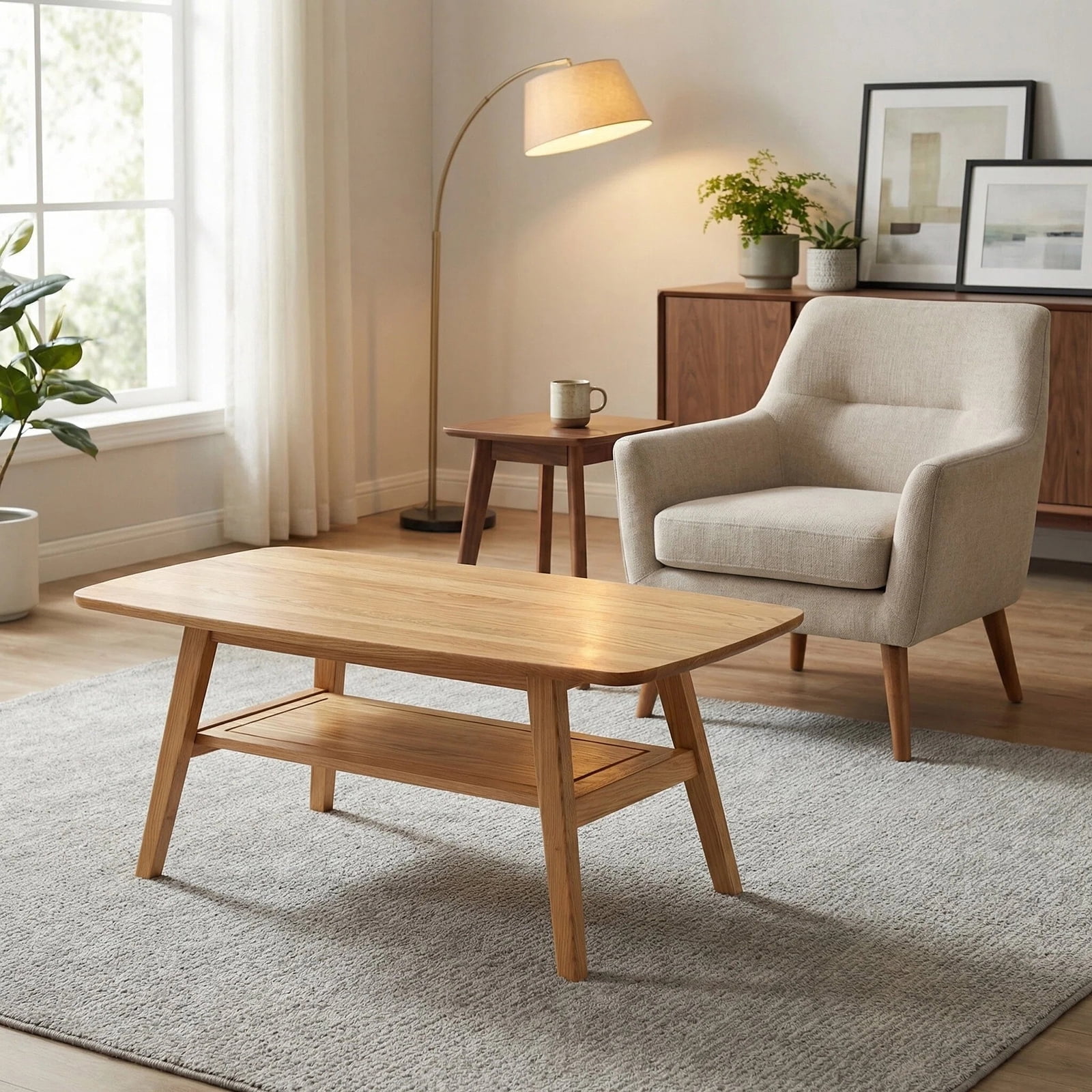 Hommoo Mid Century Modern 2-Tier Coffee Table with Rounded Corners amd Storage Shelf, Wooden Coffee Table, for Living Room, Office, Apartment, Oak