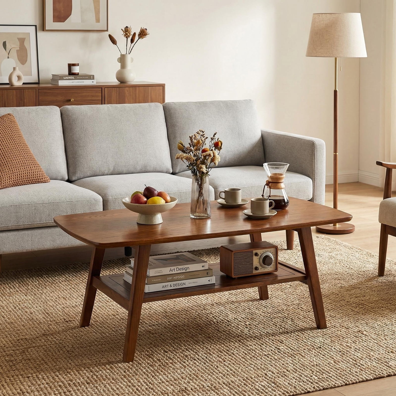 Hommoo Mid Century Modern 2-Tier Coffee Table with Rounded Corners amd Storage Shelf, Wooden Coffee Table, for Living Room, Office, Apartment, Walnut