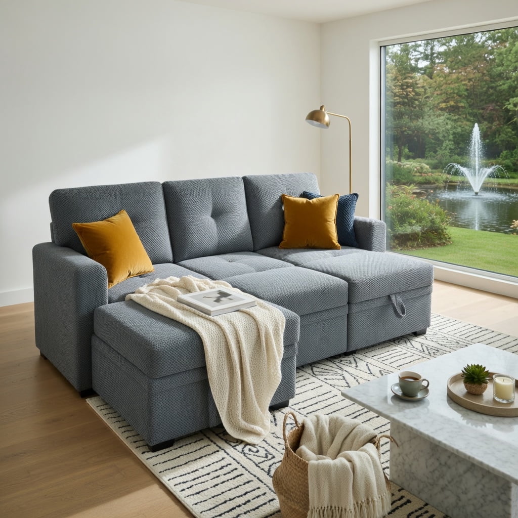 Hommoo Mid-Century Modern L-Shaped Sleeper Sectional Sofa with Pull-Out Bed, Reversible Chaise & Hidden Storage, Convertible Living Room Furniture for Small Spaces, Light Gray