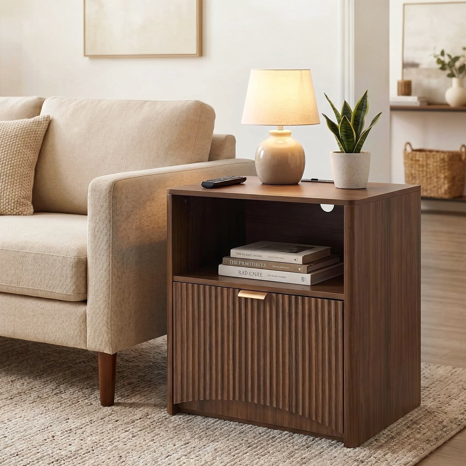Hommoo Mid Century Modern Nightstands Set of 2 with Built-in Charging Station, Wood-Grain Bedside Tables with Drawer & Open Shelf, USB/AC/Type-C Ports, Walnut