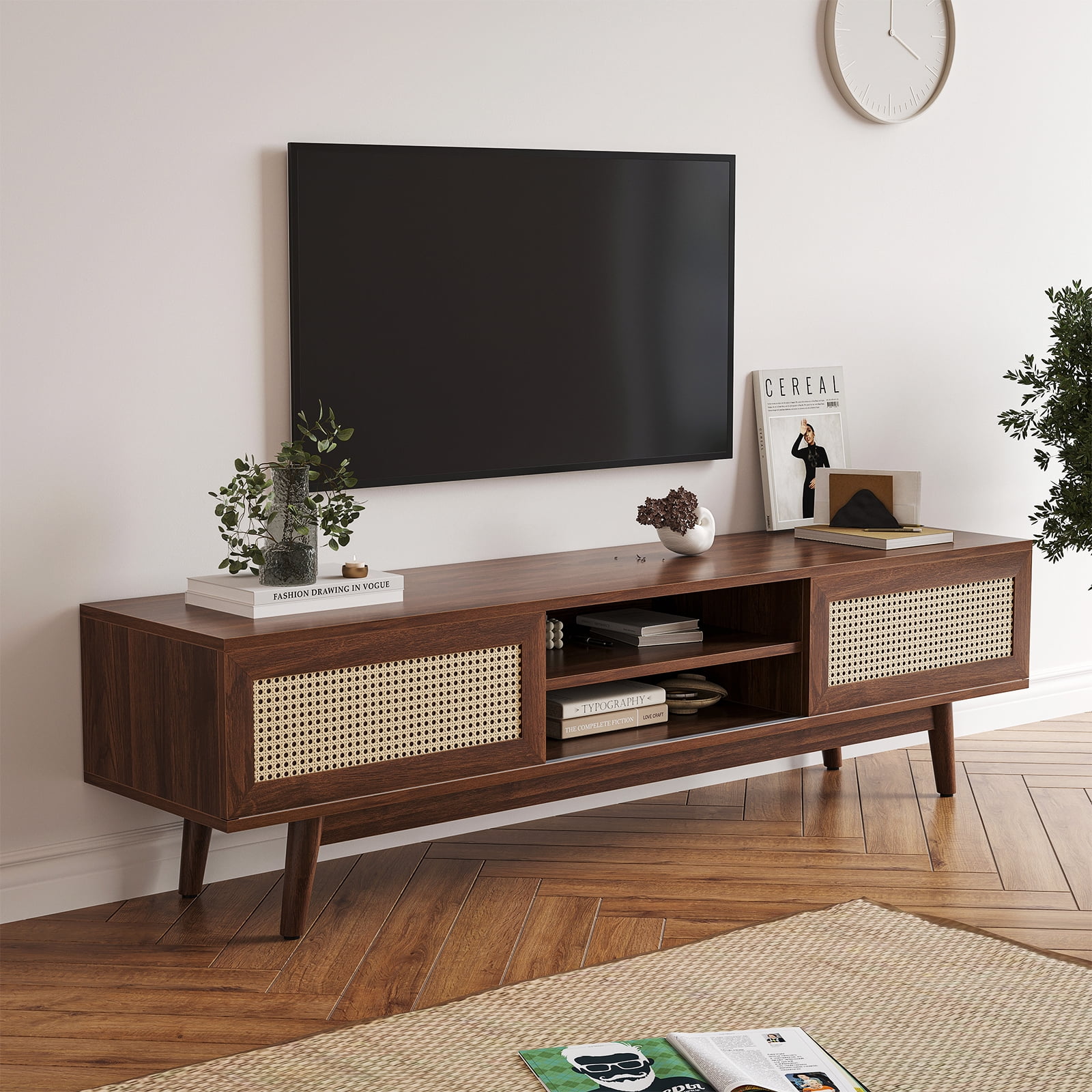 Hommoo Mid Century Modern Rattan TV Stand Up to 75", Wood TV Stand with Storage, Boho Media Console Entertainment Center for Home, Walnut