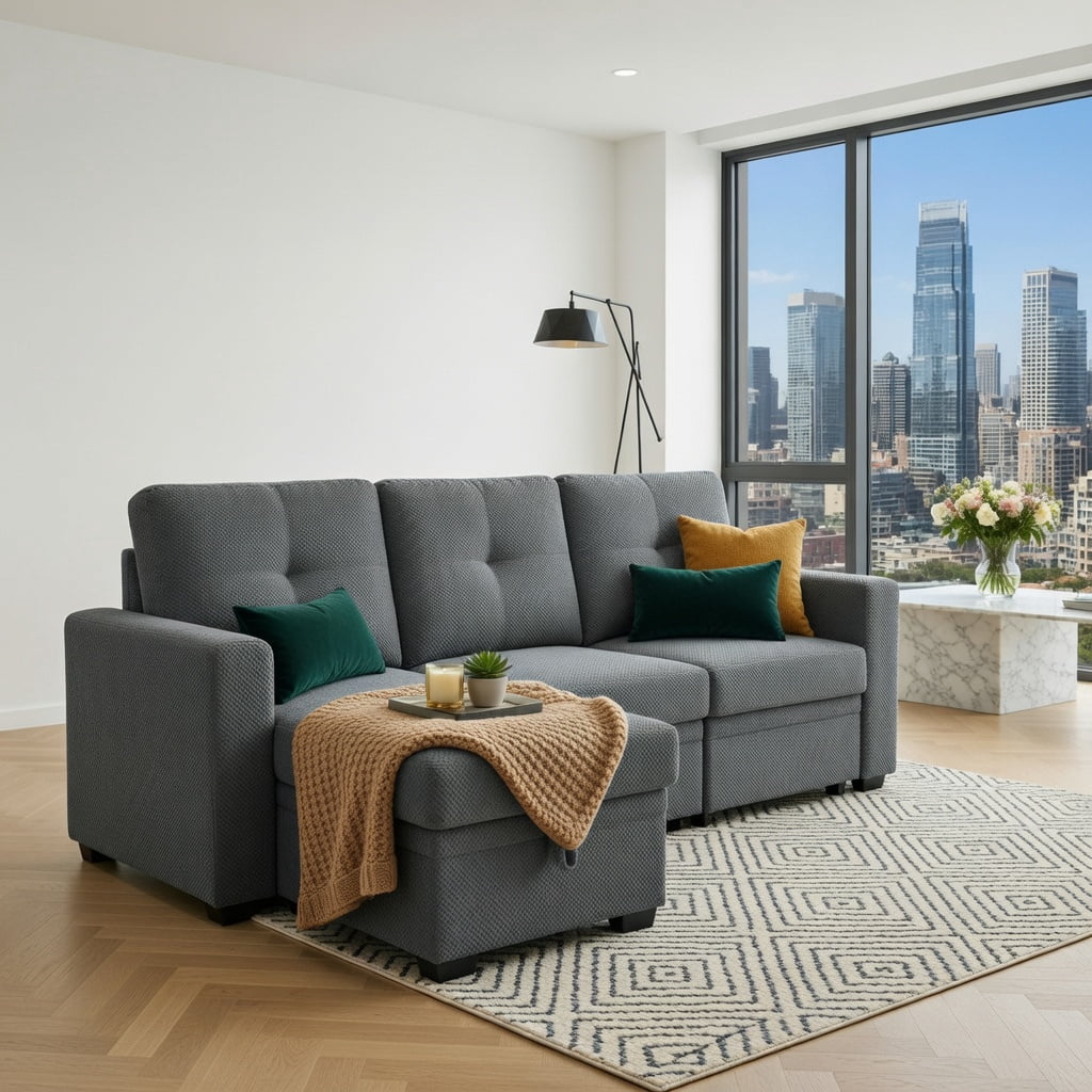 Hommoo Mid-Century Modern Sectional Sleeper Sofa with Pull-Out Bed, Reversible Chaise & Hidden Storage, L-Shaped Convertible Sofa Bed for Small Spaces, Dark Gray