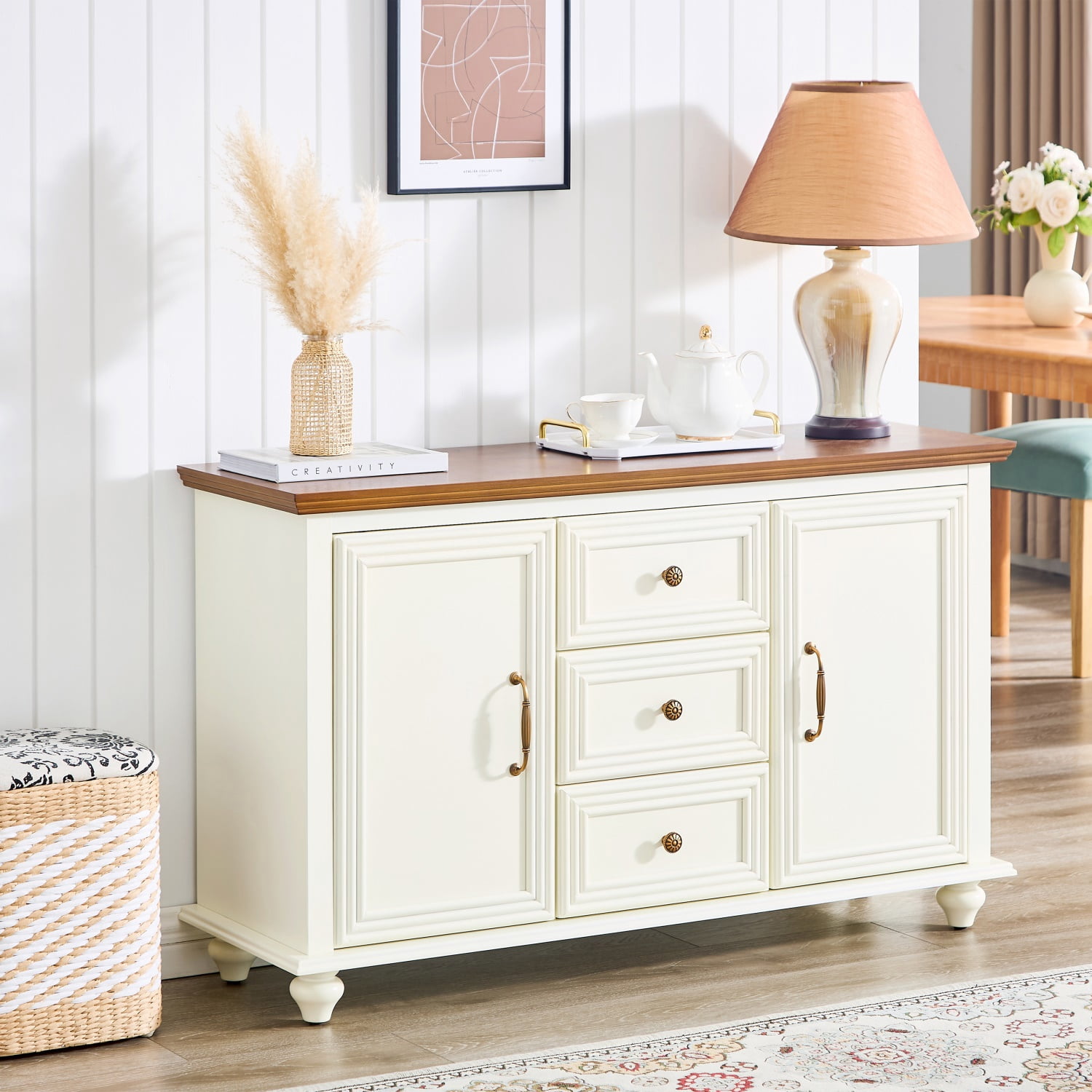 Hommoo Mid Century Modern Sideboard Buffet Cabinet, Wooden Accent Storage Cabinet with 2 Doors and 3 Drawers for Kitchen Dining Living Room Entryway, Brown White