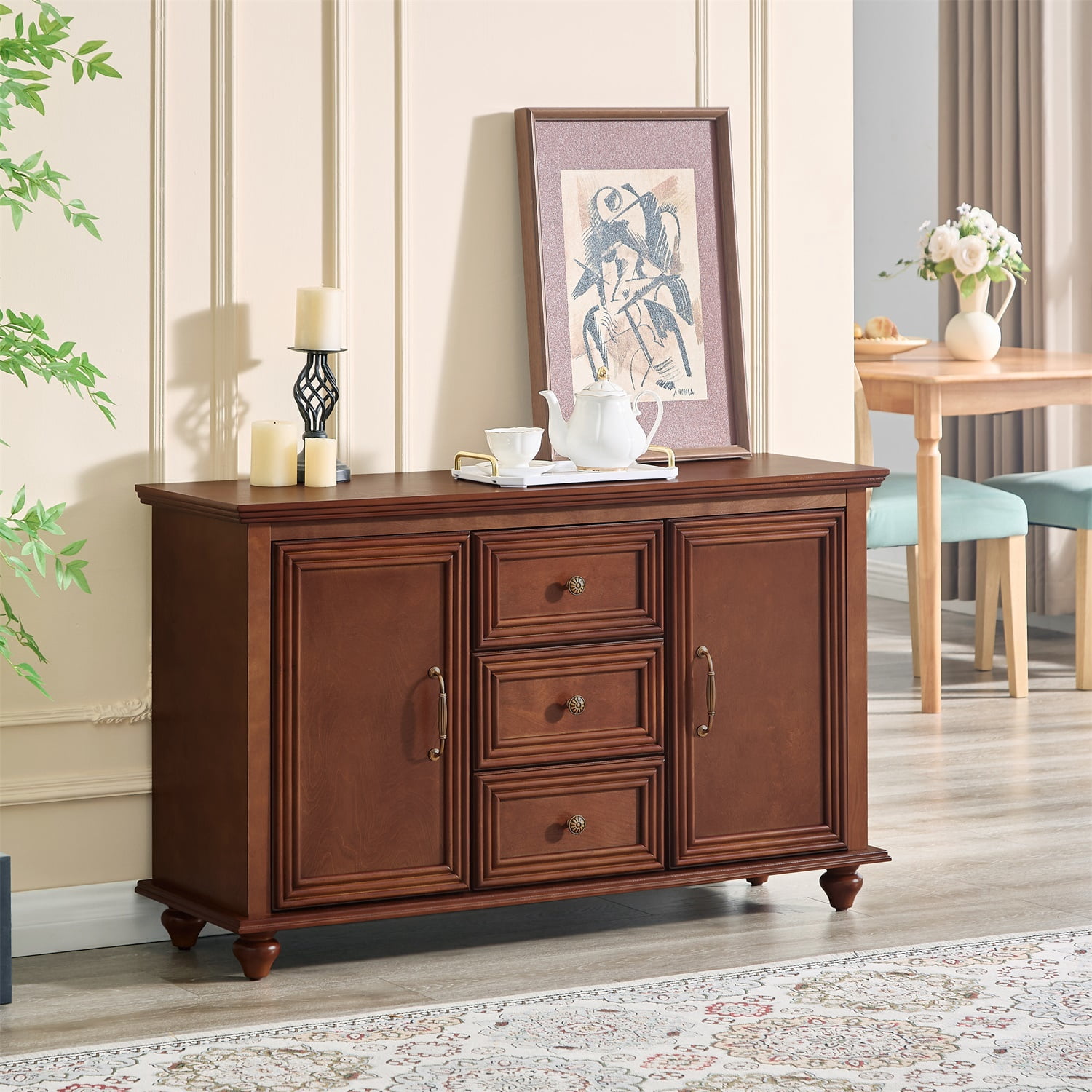 Hommoo Mid Century Modern Sideboard Buffet Cabinet, Wooden Accent Storage Cabinet with 2 Doors and 3 Drawers for Kitchen Dining Living Room Entryway, Walnut