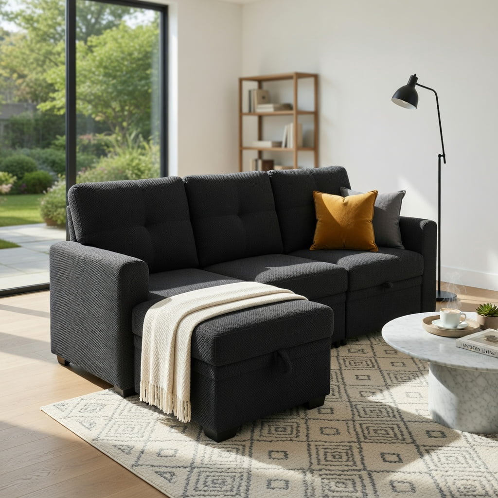 Hommoo Mid-Century Modern Sleeper Sectional Sofa, L-Shaped Convertible Sofa Bed with Reversible Chaise, Hidden Storage & Pull-Out Mattress, Small Space Living Room Furniture, Black