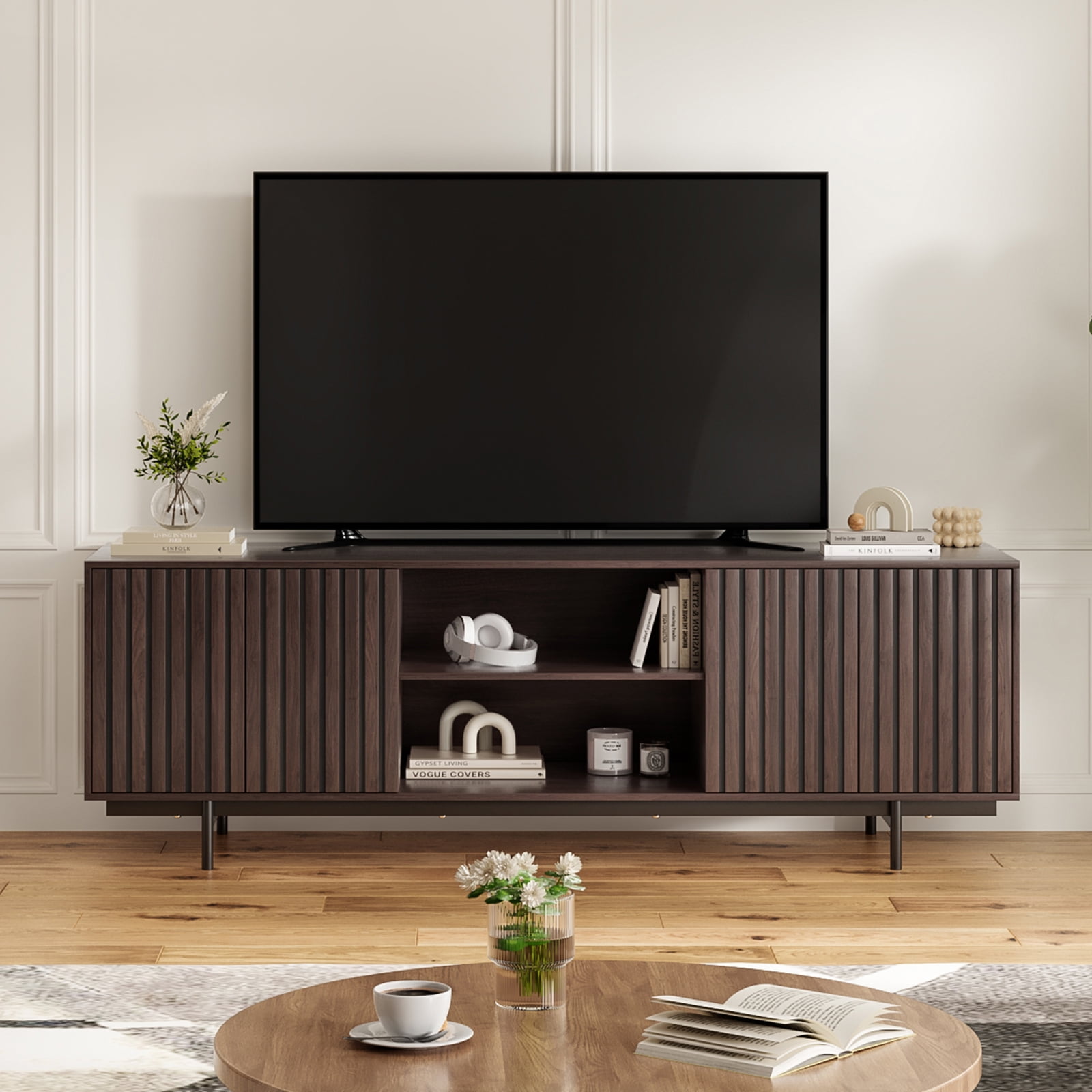 Hommoo Mid Century Modern TV Stand Up to 75", Farmhouse Fluted TV Stand, Retro Wood TV Stand with Storage and Shelf, Entertainment Center with Pop-Up Doors for Home, Dark Walnut