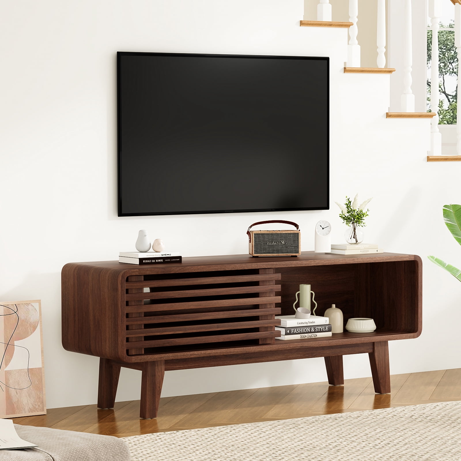 Hommoo Mid Century Modern TV Stands up to 59", Wooden Home Entertainment Center TV Console Cabinet with Sliding Tambour Door, Walnut