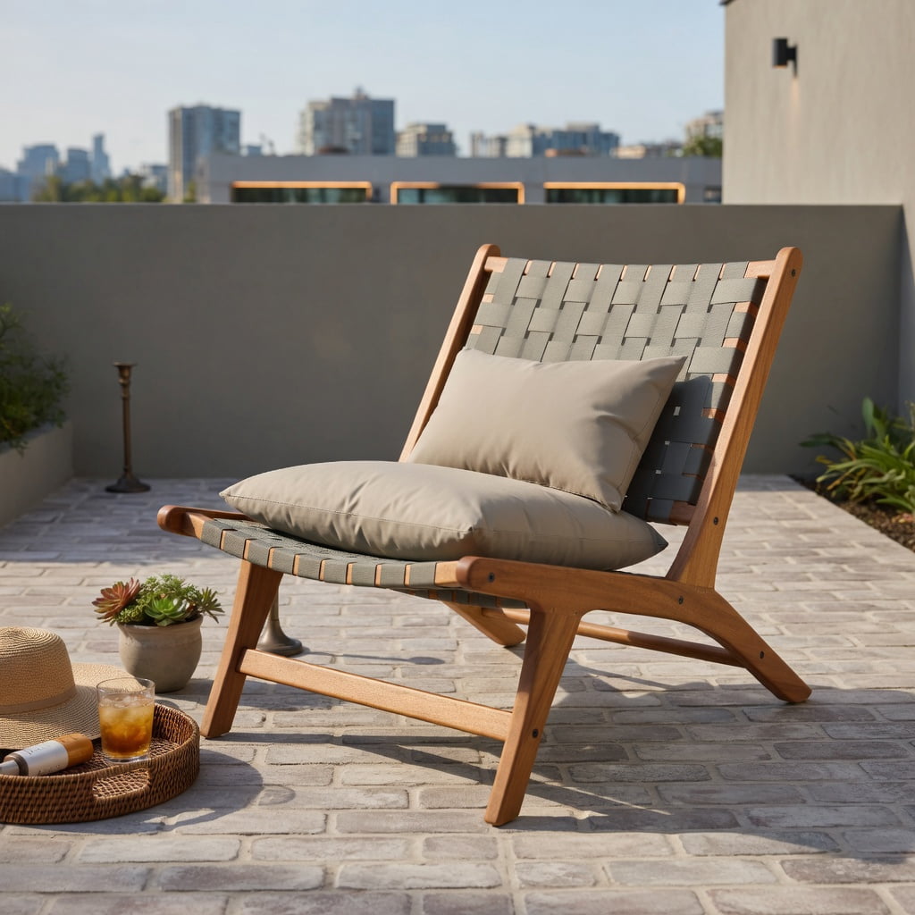 Hommoo Mid-Century Modern Teak Wood Outdoor Accent Chair with Breathable Nylon Webbing Seat, Wood & Gray Design, Indoor/Outdoor Use, Natural
