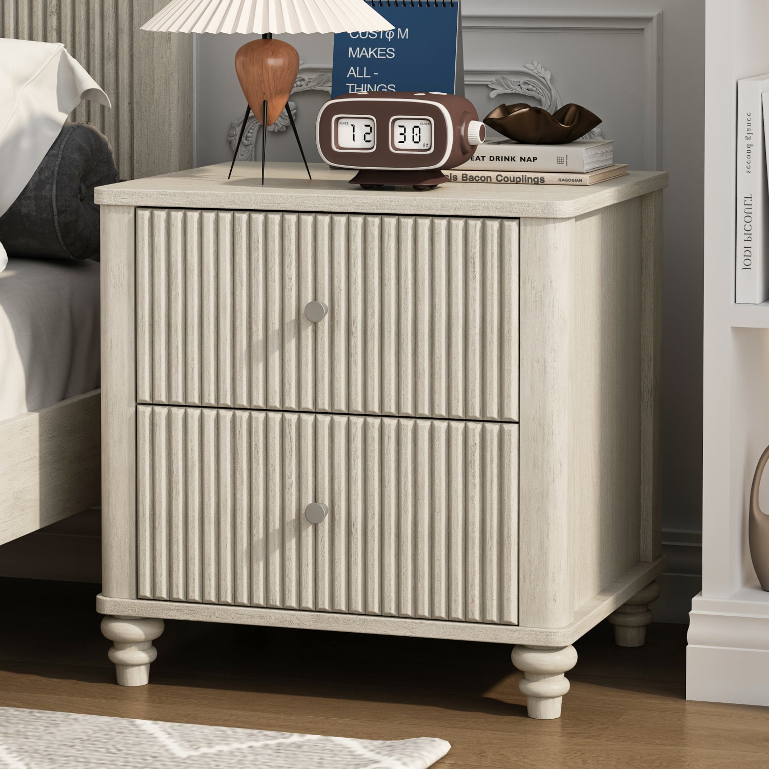 Hommoo Mid Century Modern Wooden Fluted Nightstand, 21.65" Wide Bedside End Table Side Table with 3 Drawers and Metal Handle, for Bedroom, Living Room, Closet, Beige