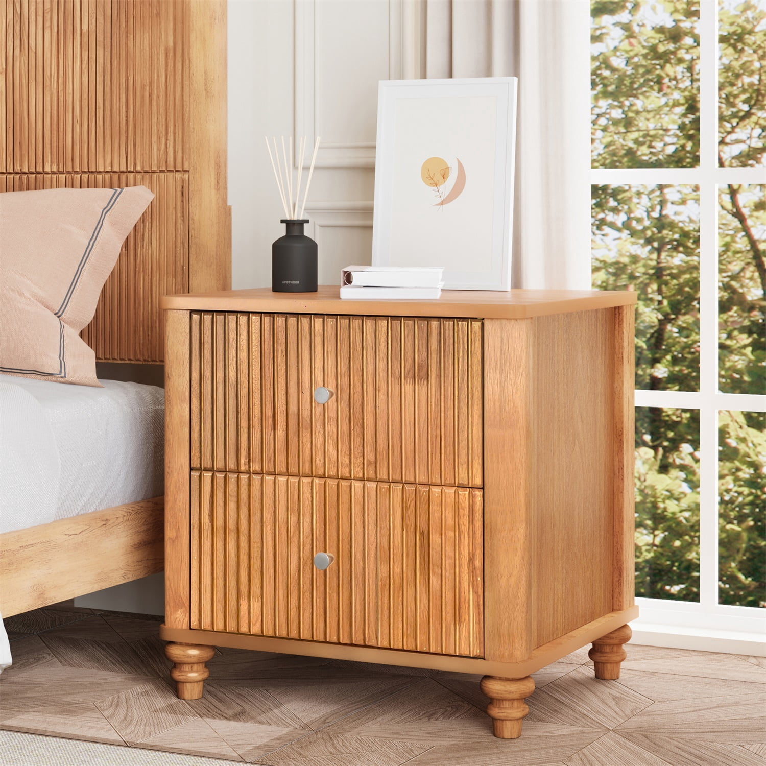 Hommoo Mid Century Modern Wooden Fluted Nightstand, 21.65" Wide Bedside End Table Side Table with 3 Drawers and Metal Handle, for Bedroom, Living Room, Closet, Natural