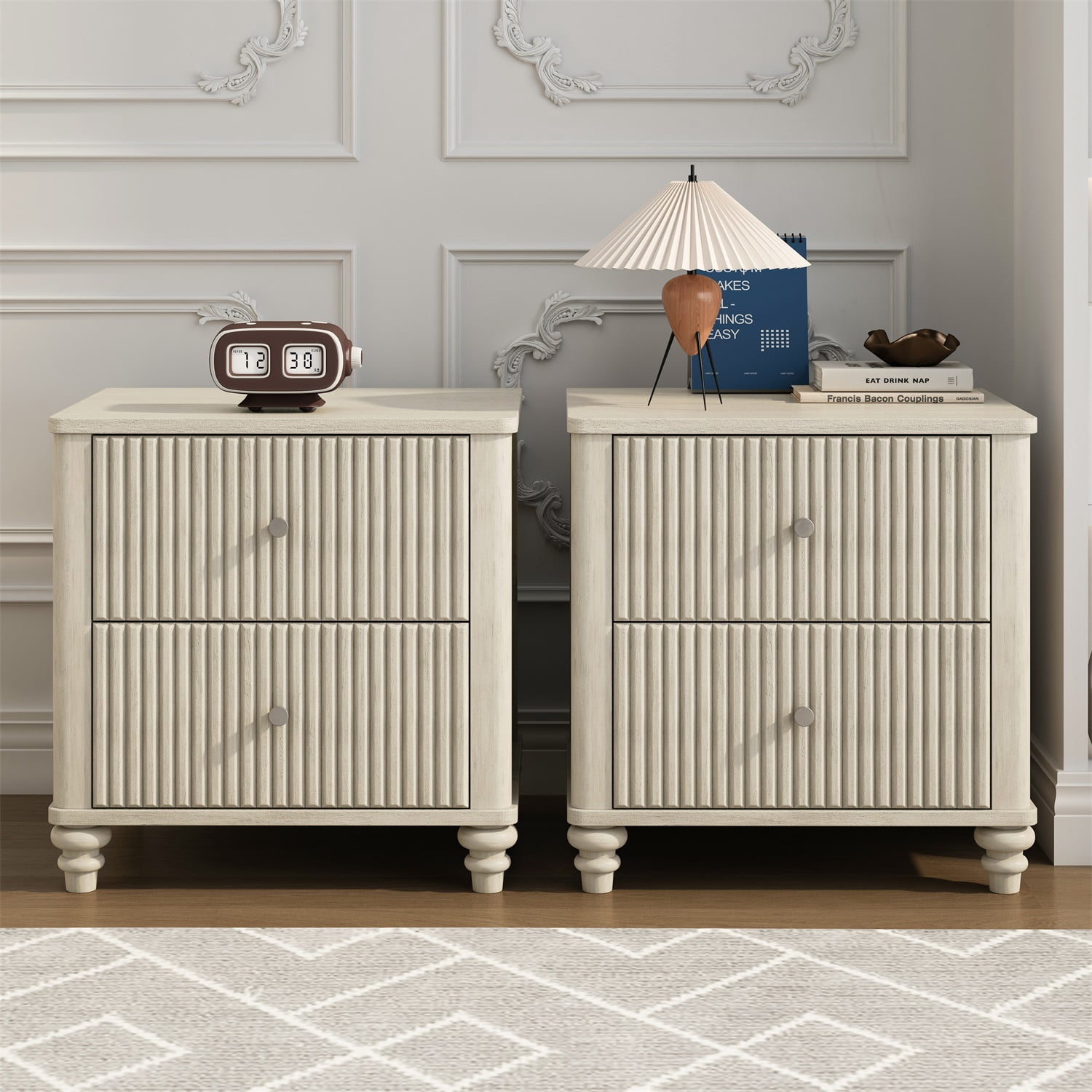 Hommoo Mid Century Modern Wooden Fluted Nightstand Set of 2, 21.65" Wide Bedside End Table Side Table with 3 Drawers and Metal Handle, for Bedroom, Living Room, Closet, Beige